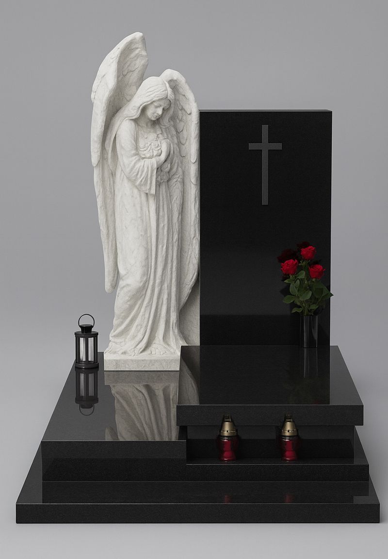 Wizualizacja 3D nagrobka z czarnego granitu z figurą anioła z białego kamienia